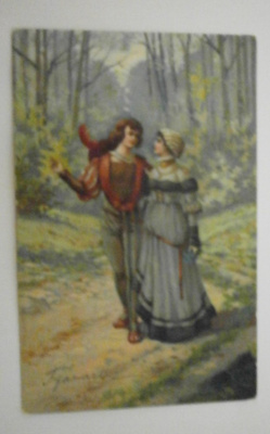 Hienostunut pariskunta kävelyllä, väripk, p. 1904