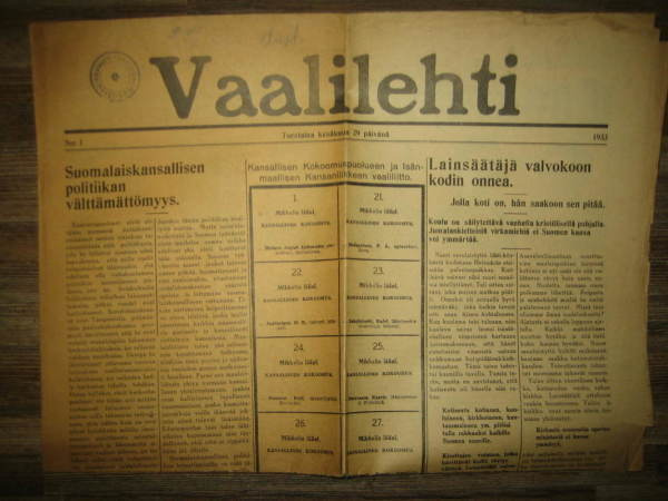 Vaalilehti 29.6.1933 , nro 1