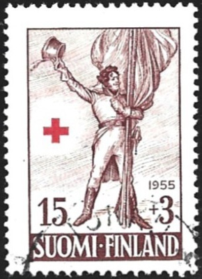 1955 Punainen Risti 15 mk + 3 mk leimattu LaPe 448