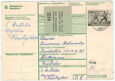 M63 1963 1,50 mk tukinuittaja pakettikortti