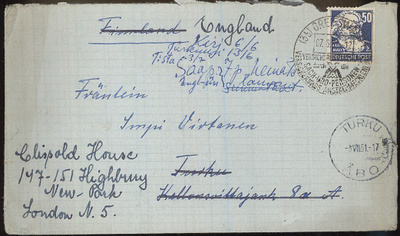 DDR Mi 224 kirje Suomeen, edelleenohjattu Englantiin