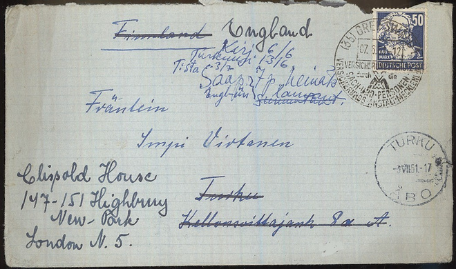 DDR Mi 224 kirje Suomeen, edelleenohjattu Englantiin