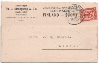 Pietarsaari tupakkatehdas Strengberg firmakortti 1926