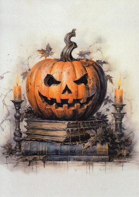 Halloween kurpitsa, vanhat kirjat, kynttilät