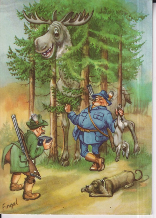 Fingal,  Metsästäjää kuvataan, jänis, hirvi, koira  e13