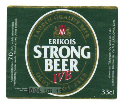 Mallasjuoma Lahti. Erikois STRONG BEER IVB Etiketti 1994