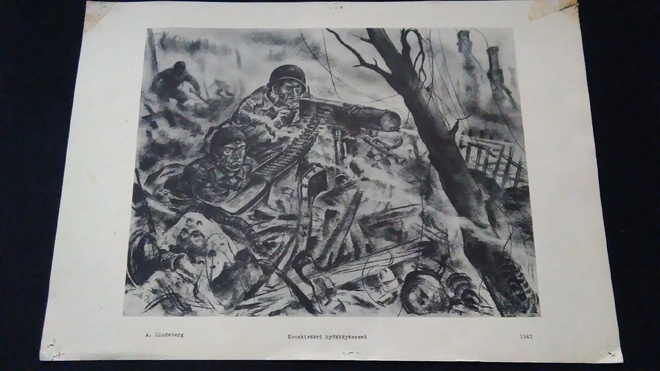 Konekivääri Hyökkäyksessä Jatkosota A.Lindeberg 1942 Piirros