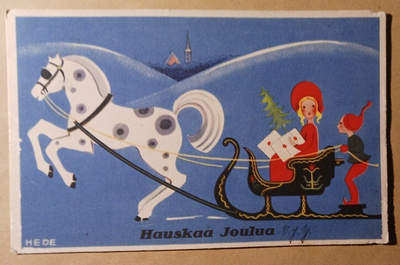 Hede: Hevonen vetää reessä tonttuja, kuusta, postia p. 1934