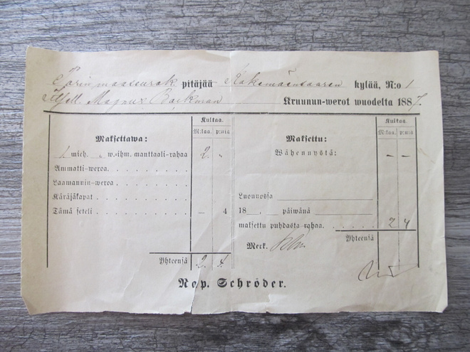PORI.....Kokemänsaari, Kruunun werolappu vuodelta 1887