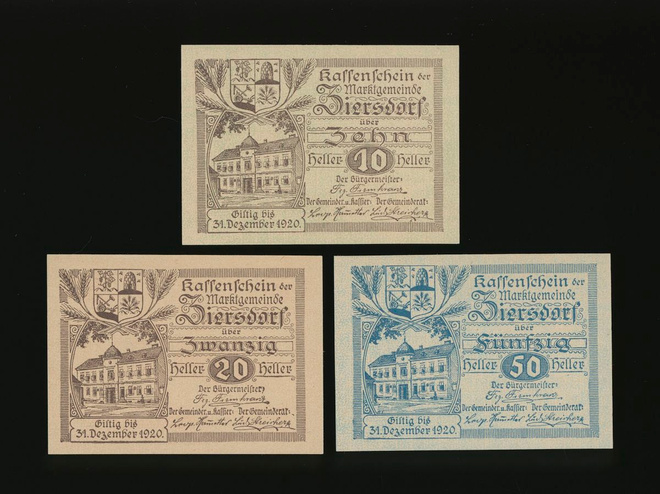 Itävalta Notgeld 10, 20, 50 Heller, Ziersdorf 1920