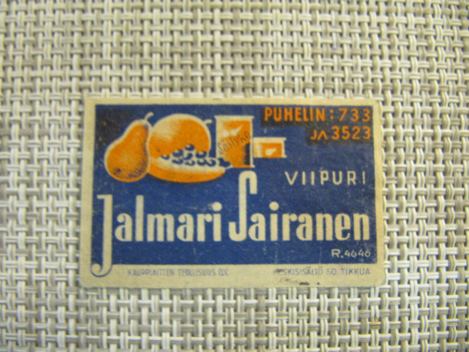 Tulitikkuetiketti Jalmari Sairanen Viipuri.