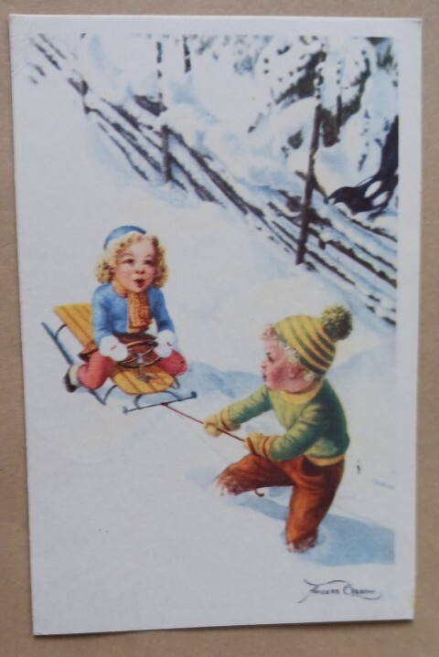 Anders Olsson: Poika vetää tyttöä kelkalla, p. 1949