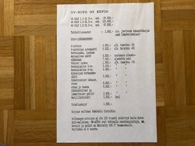 Hinnasto Volkswagen Golf 1992. Esite