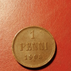 *Suomi *  1 penniä  *1905  *   Copper/Kupari *1+/EF - pikkukuva 1