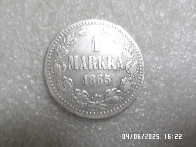 1 mk 1865 hopeaa paljonkulkenut.siisti raha,