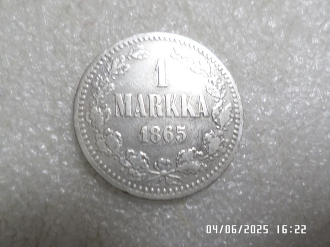 1 mk  1865   hopeaa   paljonkulkenut.siisti raha,