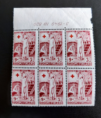 1949 Punainen Risti 9mk+3mk numerokuusilo **