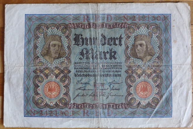 Raha seteli vanha Saksa  v. 1920,    100 markkaa