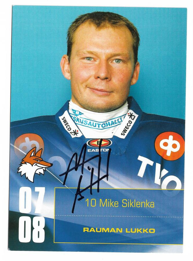 2007-08 Rauman Lukko Postikortti Mike Siklenka nimmarilla