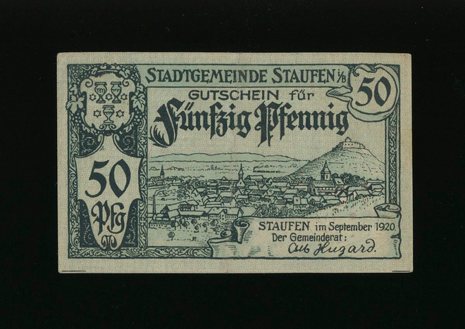 Saksa Notgeld 50 Pfg, Staufen 1920 XF