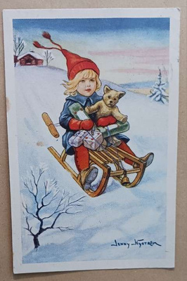 Jenny Nyström: Tonttu laskee mäkeä lahjat sylissä p. 1949