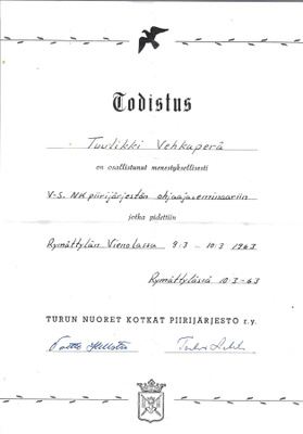 TODISTUS 9.-10.3.1963 TURUN NUORET KOTKAT OSALLISTUMISESTA O