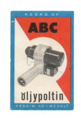 Kesko Oy Öljypoltin. Tulitikkuetiketti.