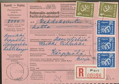 M30 1950 kirjattu-postiennakkokirje