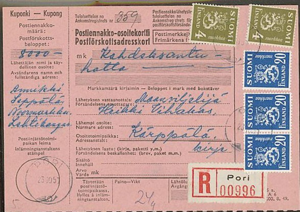M30 1950 kirjattu-postiennakkokirje