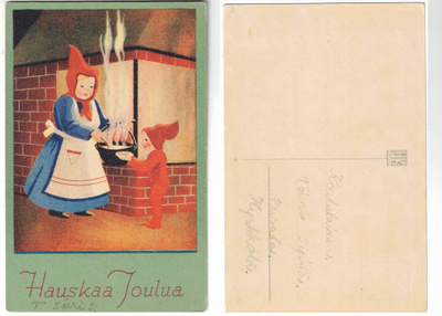 Vanha kortti, UK 99/10, joulumuori ja tonttu