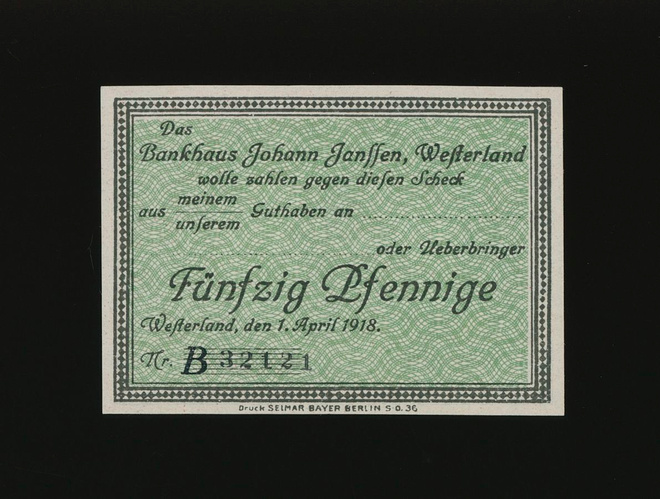 Saksa Notgeld 50 Pfennig, Westerland 1.4.1918