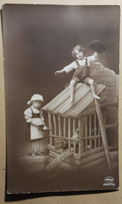 Poika temppuilee kanahäkin päällä, tyttö tuo ruokaa, p. 1924