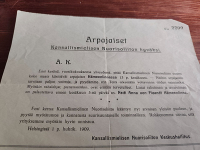 Kansallismielisen nuorisoseuran hyväksi 1909