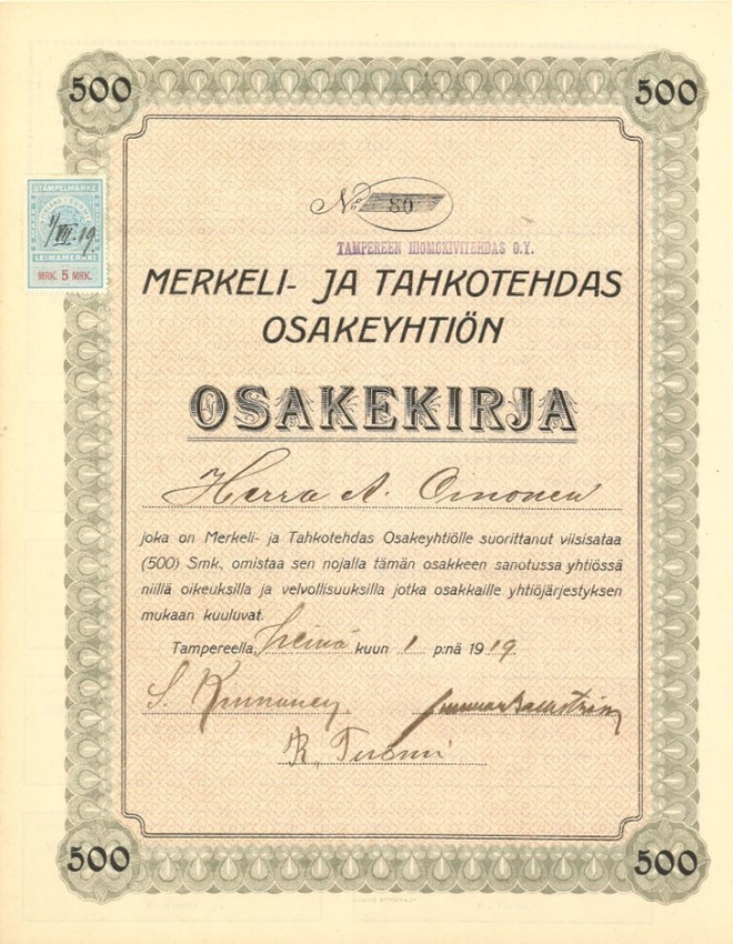 OKK 1919 Merkeli- ja Tahkotehdas Oy, Tampere osakekirja