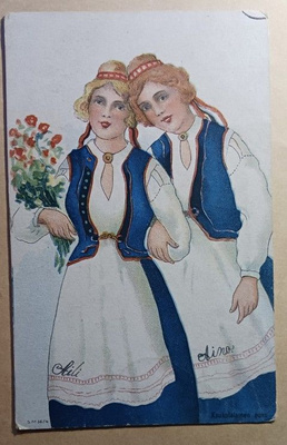 Leidit kansanpuvuissa, käsikynkkää, kukkia, k. k-k