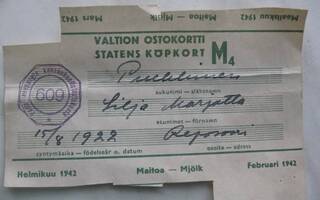 VALTION OSTOKORTTI M4 MAALISKUU 1942