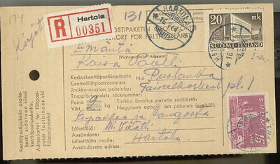 M30 1947 kirjattu paketti - kenttäpostipaketin osoitekortti