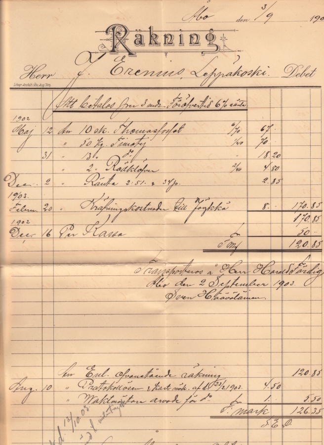 Turku Harald Färdig lasku 1903