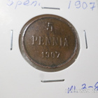 5 penniä 1907 kulkenut kl 7-8 Rahakehyksessä. - pikkukuva 3