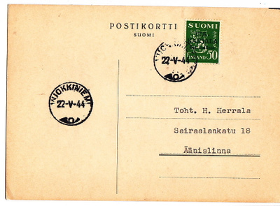 Postikortti Itä-Karjala Sot.Hallinto Vuokkiniemi Leima 1944