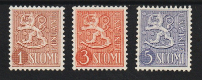 M1954 1p, 3p ja 5p Leijonamallin merkit leimaamattomina