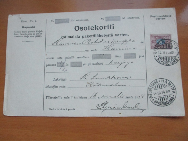 1914 Käkisalmi pakettikortti Haminaan
