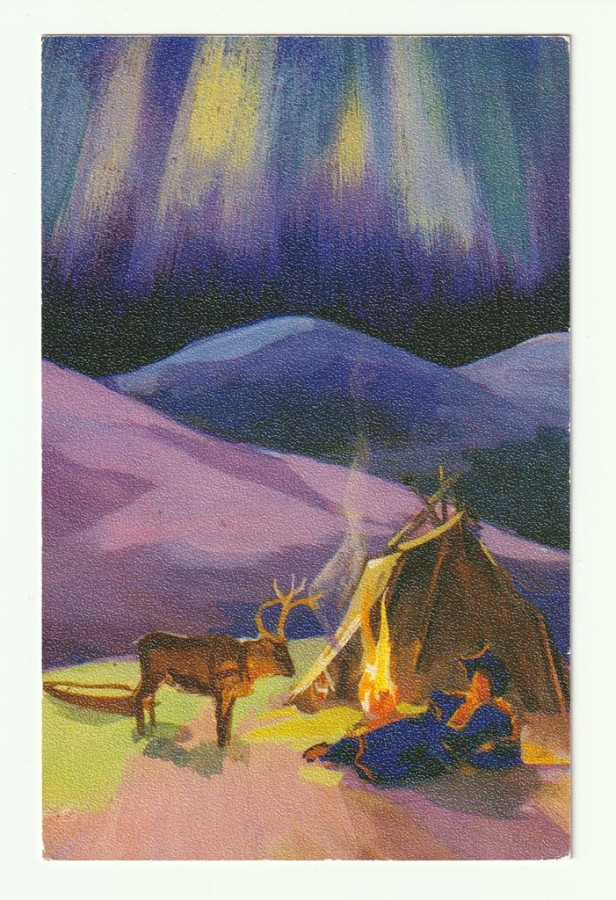 Revontuliaiheinen joulukortti 1970-luvulta