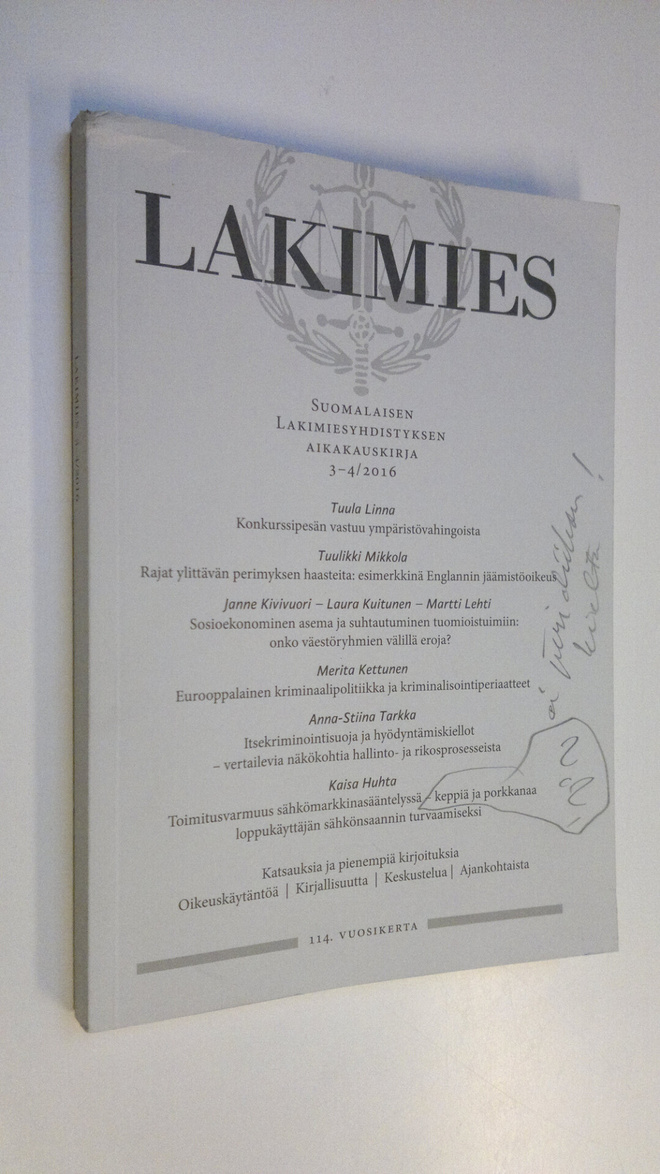 Lakimies 3-4/2016 : Suomalaisen lakimiesyhdistyksen aikak...