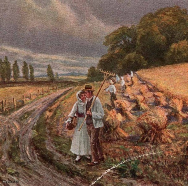 ROMANTIIKKA / Rakastunut pari tulossa pellolta. 1920-l.