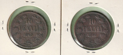 Suomi 10 penniä 1865 ja 1866