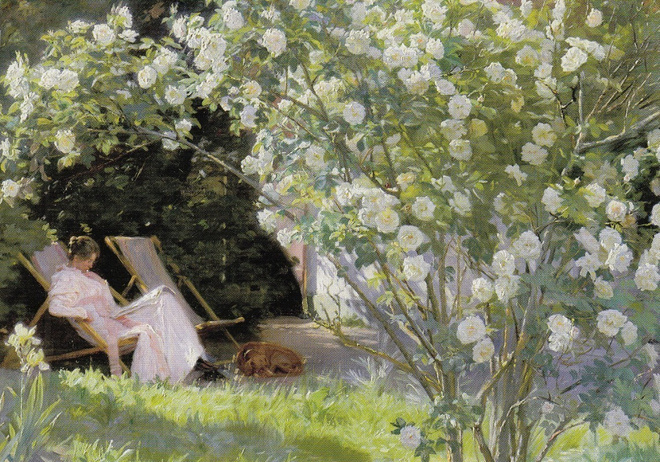 Peder Severin Kroyer: Nainen lukee, ruusupensas