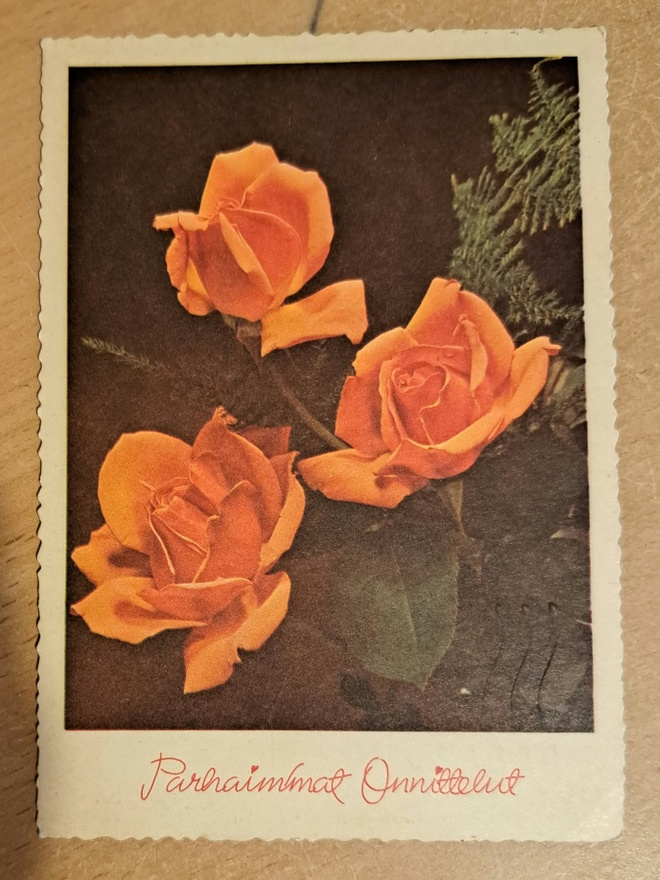 kukkakortti, ruusuja, kulkenut 1958