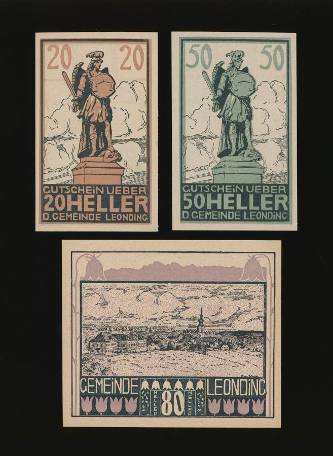 Itävalta Notgeld 20, 50, 80 Heller, Leonding
