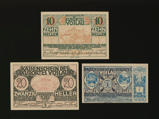 Itävalta Notgeld 10, 20, 50 Heller, Vöslau 1920